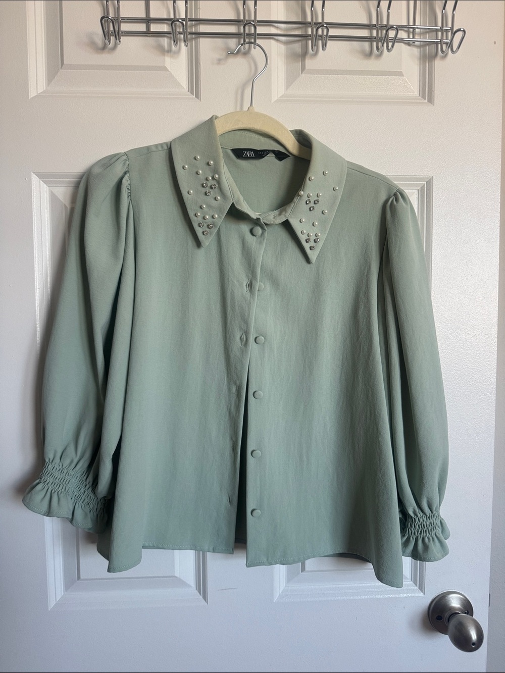 Zara Mint Green Pearl Collar Button-Front Blouse